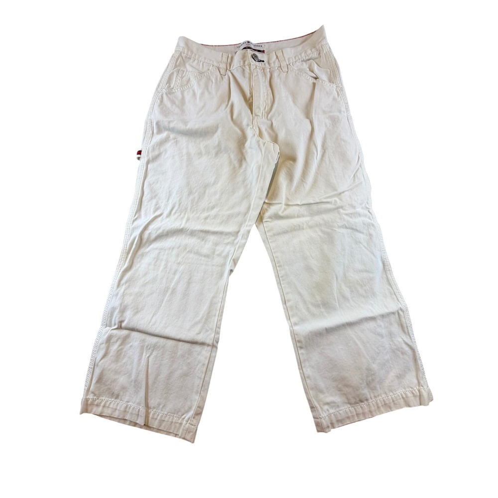 Tommy Hilfiger Jeans Cream Carpenter Pants Wide Leg Cotton Canvas Utility Size 8
